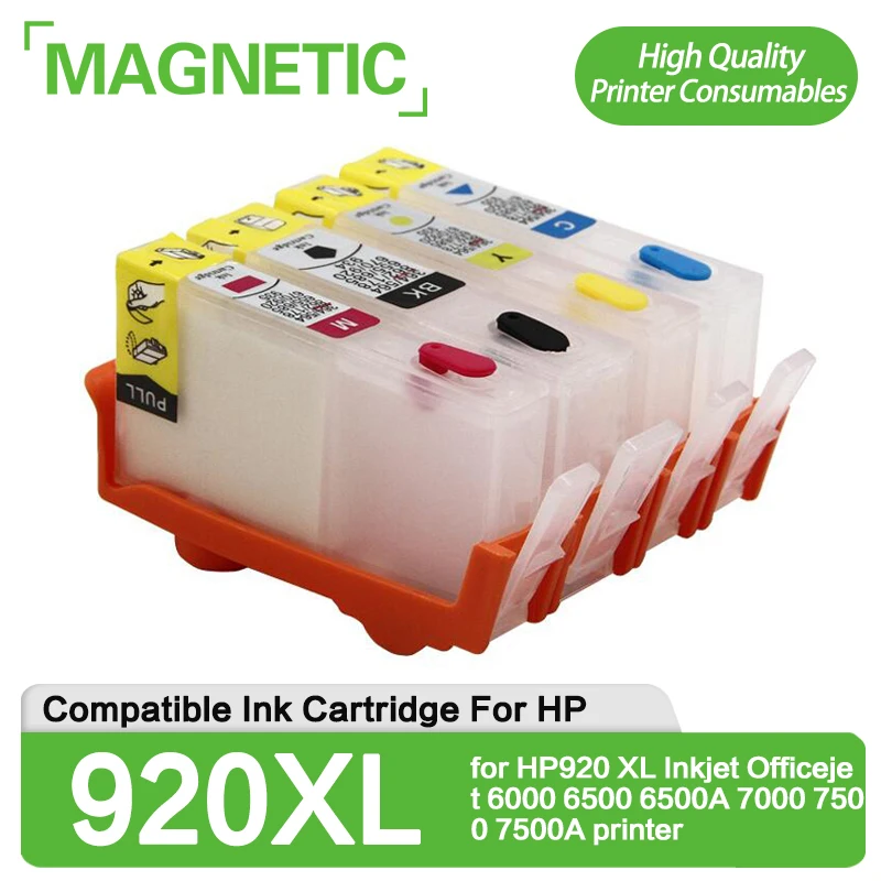 

4x Magnetic Compatible For HP Refillable Ink Cartridge for HP920 XL Inkjet Officejet 6000 6500 6500A 7000 7500 7500A printer