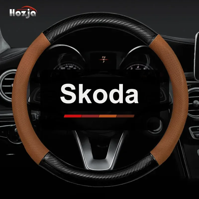 Leather Car Steering Wheel Cover for Skoda Kamiq Kodiaq Scala Superb Octavia 2022 2023 2024 2025 Auto Interior Accessories