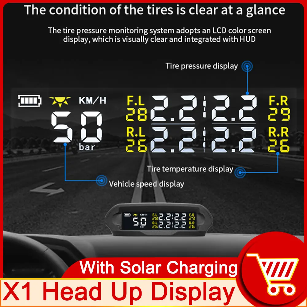 HD X1 Solar Charging Wireless GPS HUD Solar Display Tire Pressure BAR KM/H Speedometer Time Speed Temperature Altitude Car Clock