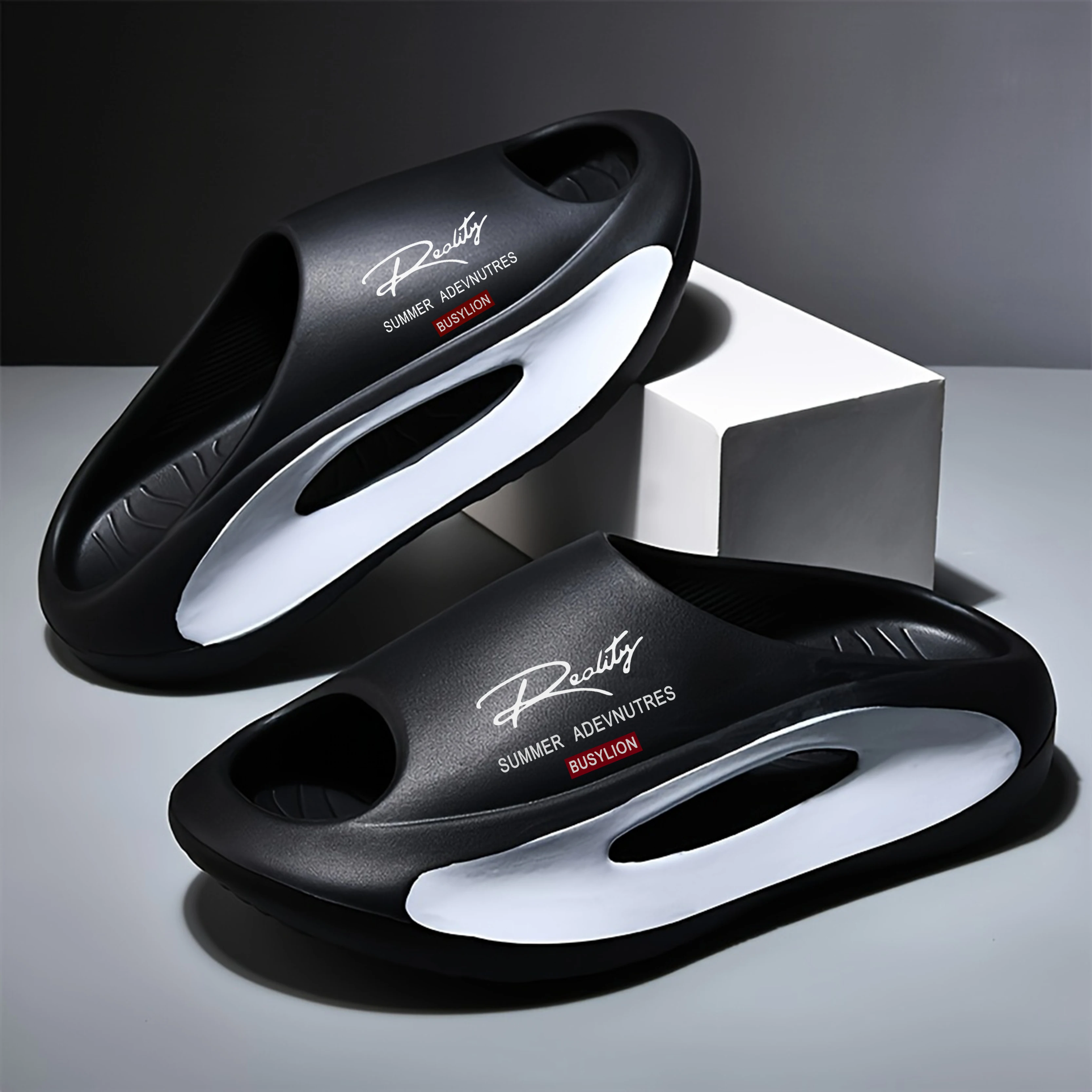 BUSYLION Women's Thick Sole Slide Sandals, Letter Print Slip-On Slippers, Color-Block Open-Toe House Shoes, Non-Slip Elevated Fl image 2