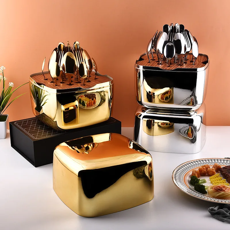 

European Stainless Steel Tableware 24-piece Set 304 Stainless Steel Knives, Forks and Spoons Gift Square Box Ornament Gifts
