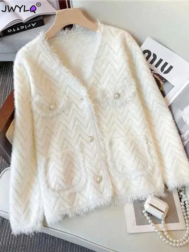 Elegant Imitation Mink Knit Cardigan Tassle Loose Solid Color Knitwear Coats Spring Fall Oversize 95kg Soft V-neck Malhas Jacket