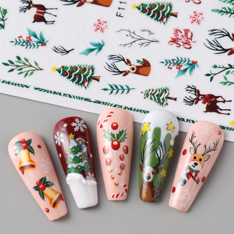 2개입 크리스마스 네일 스티커 겨울 순록 크리스마스 트리 홀리 덩굴 네일 아트 데칼 화려한 꽃무늬 폴리쉬 슬라이더 장식