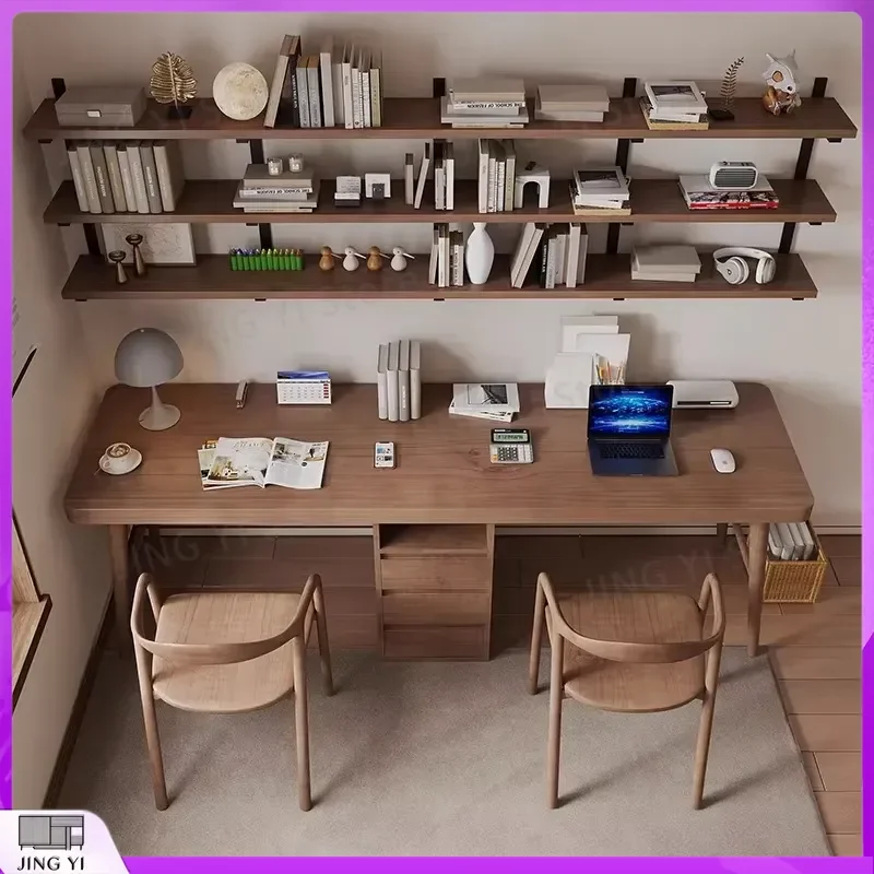 Solid Wood Study Desk with Wall Mounted Bookshelf Double Workbench Long Computer Desk for Students Office Workstation Lab