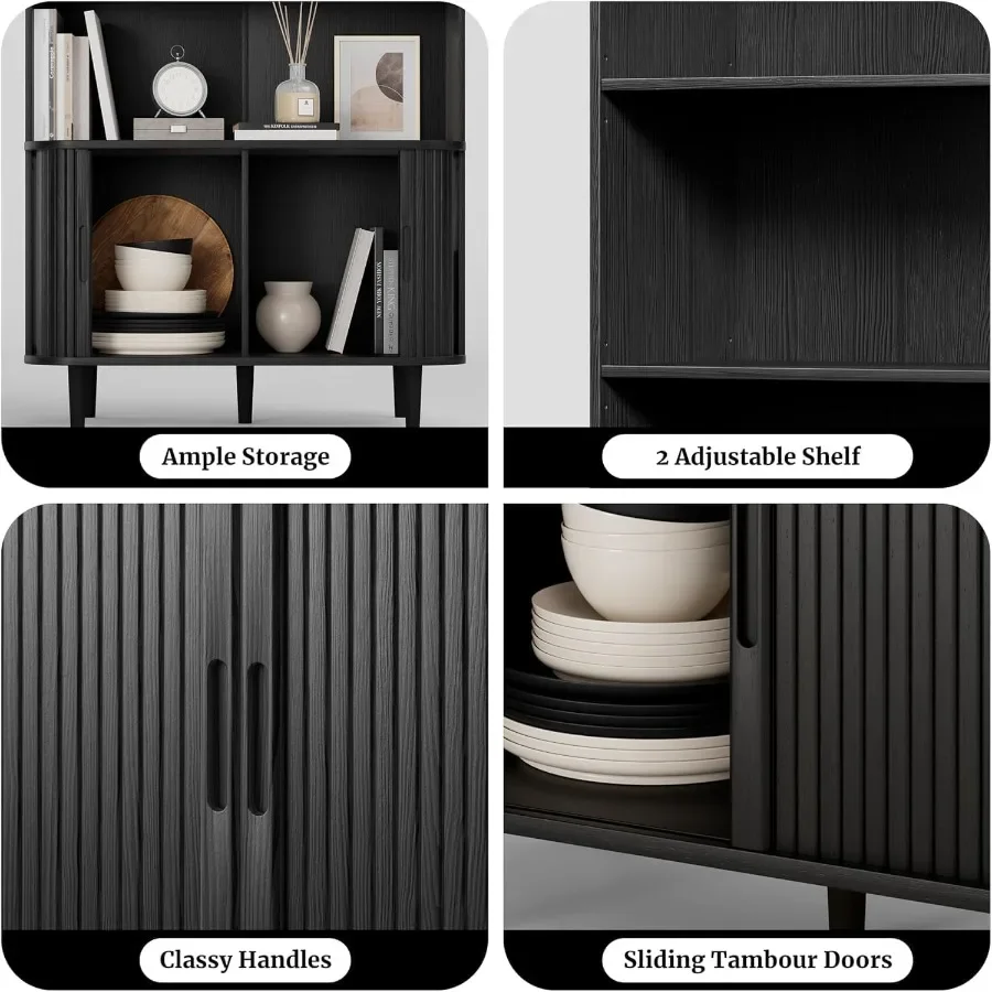 71 Tall Arched Bookshelf for Living Room Office: 5-Tier Modern Farmhouse Wood Bookcase with Adjustable Shelves, Sliding Doors, - view 4