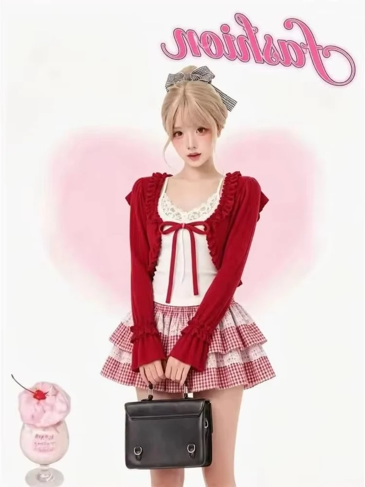 Japanese Women Two Piece Skirt Kawaii Suit Y2K Crop Tops Blouse Mini Skirts American Retro Korean Style Casual Fashion Outfits