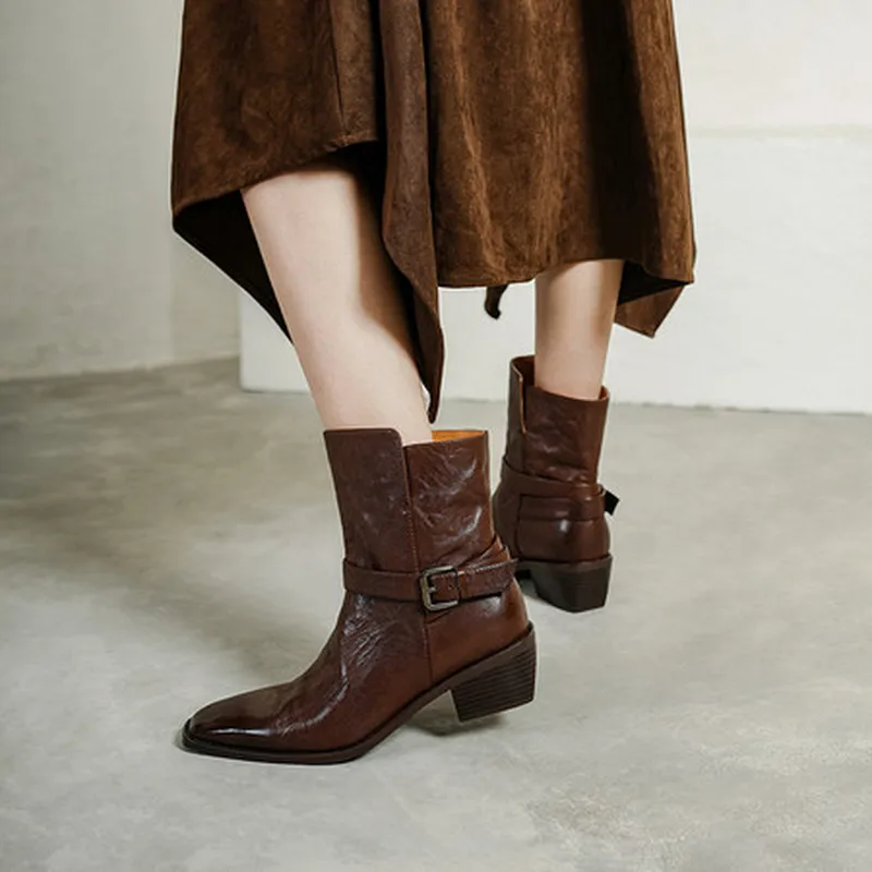 Handmade  Cow Leather Mid Calf Boots Square Toe Lace Belt Buckle 3-5CM Block Heel Pigskin Lining TPR Sole British Daily Boot516