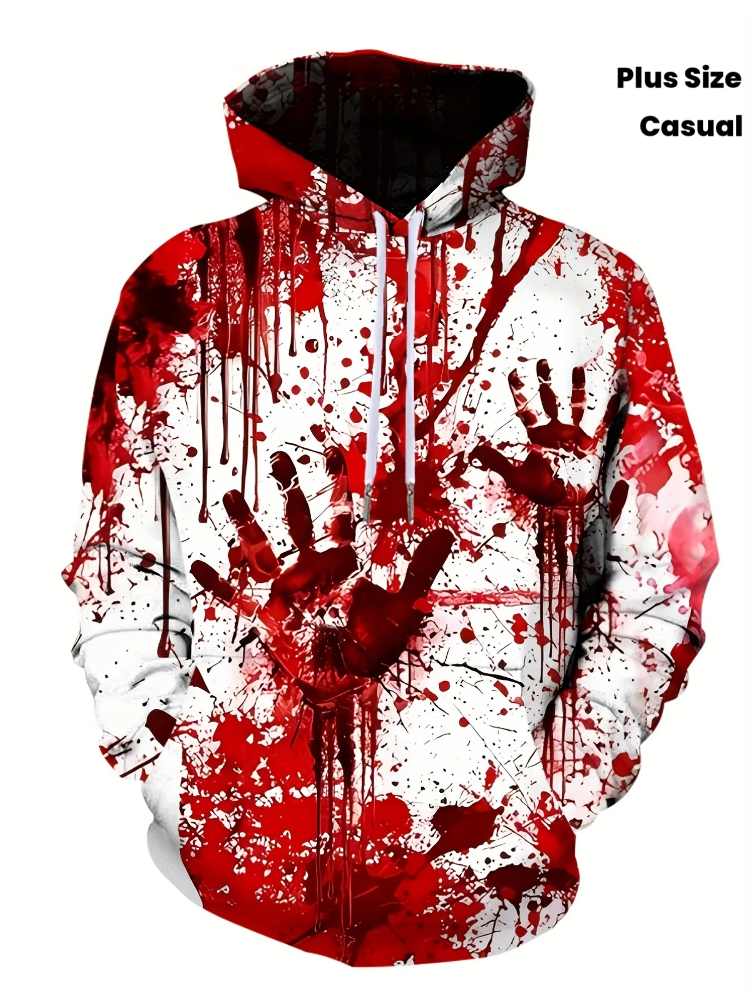 Unisex Plus Size Halloween Bloody Handprint Splash Print Hoodie Horror Blood Drip Graphic Drawstring Pocket Casual Sweatshirt