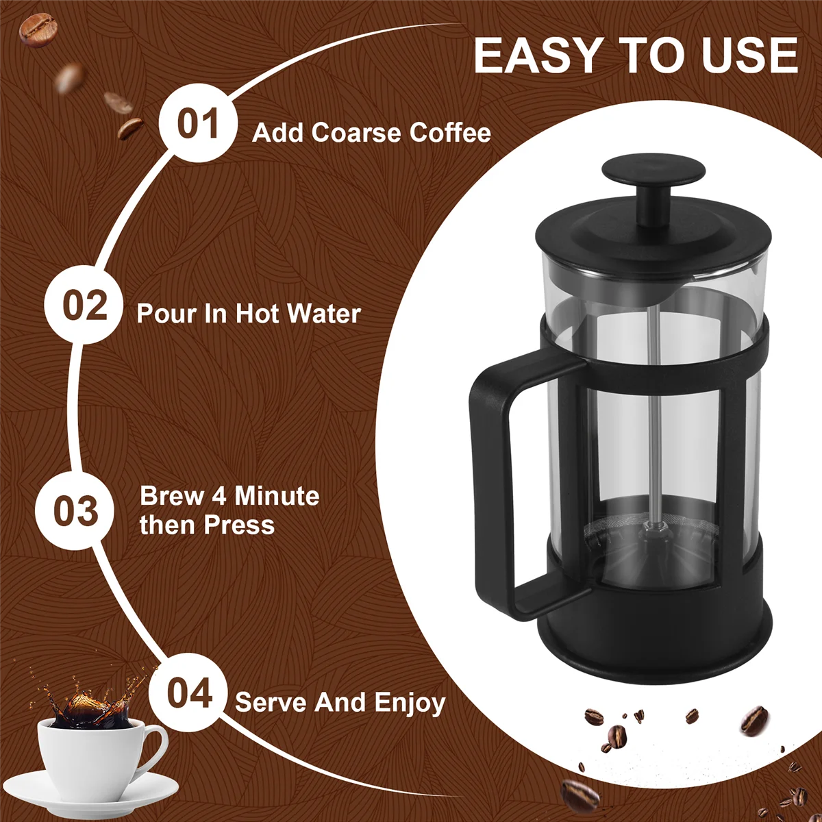 French Press Coffee & Tea Maker 12Oz, Thickened Borosilicate Glass Coffee Press Rust- and Dishwasher Safe