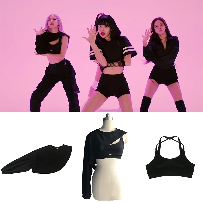 ROSE Kpop Black Slim Vest Tops Women One Shoulder Hoodies Women Korean Singer Hip-Hop Cargo Pants Straight Trousers Outfits