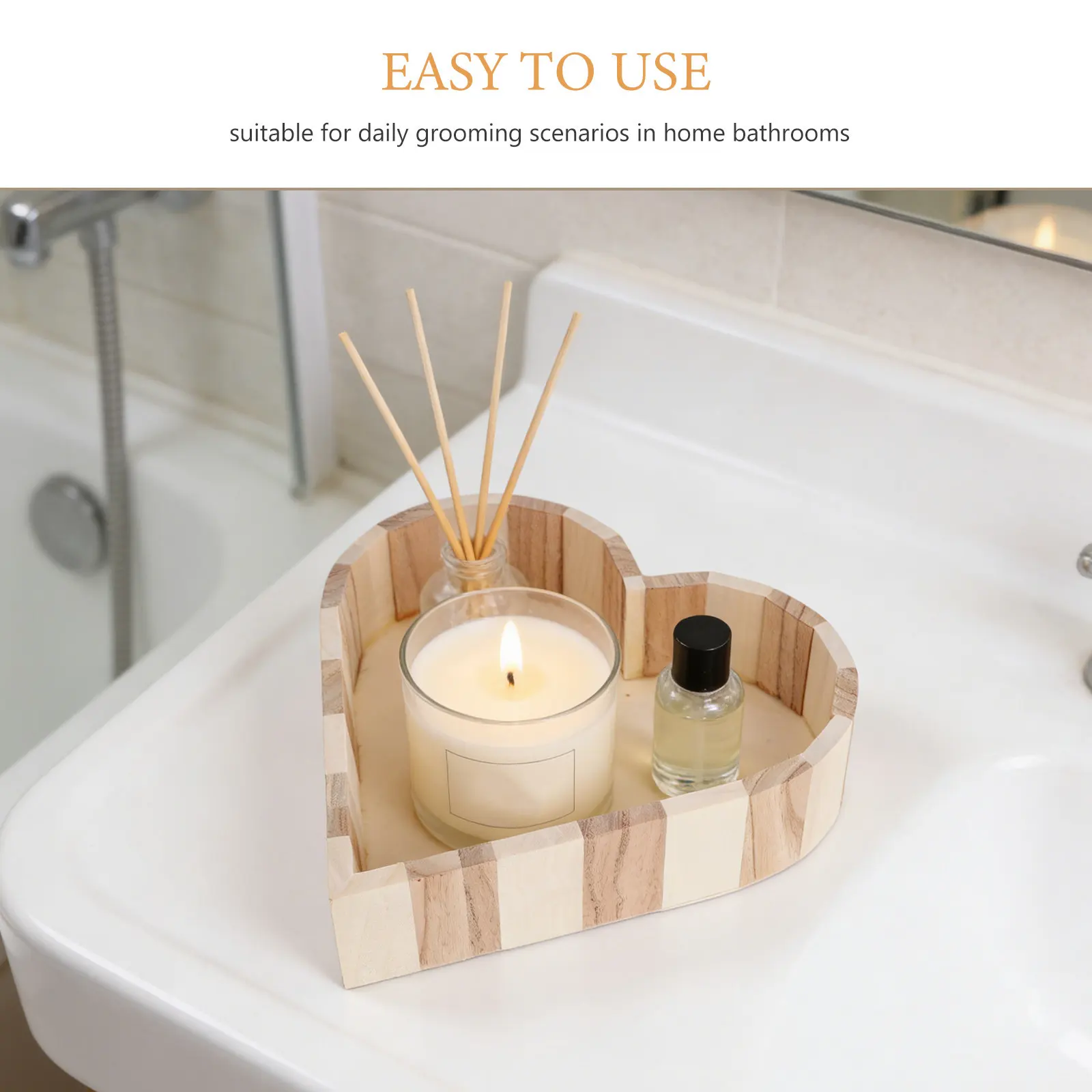 Wood Bathroom Accessories Box Matte Finish Heart Shaped Shower Organizer Portable Storage Bin Dorm Counter Spa Essentials view 5