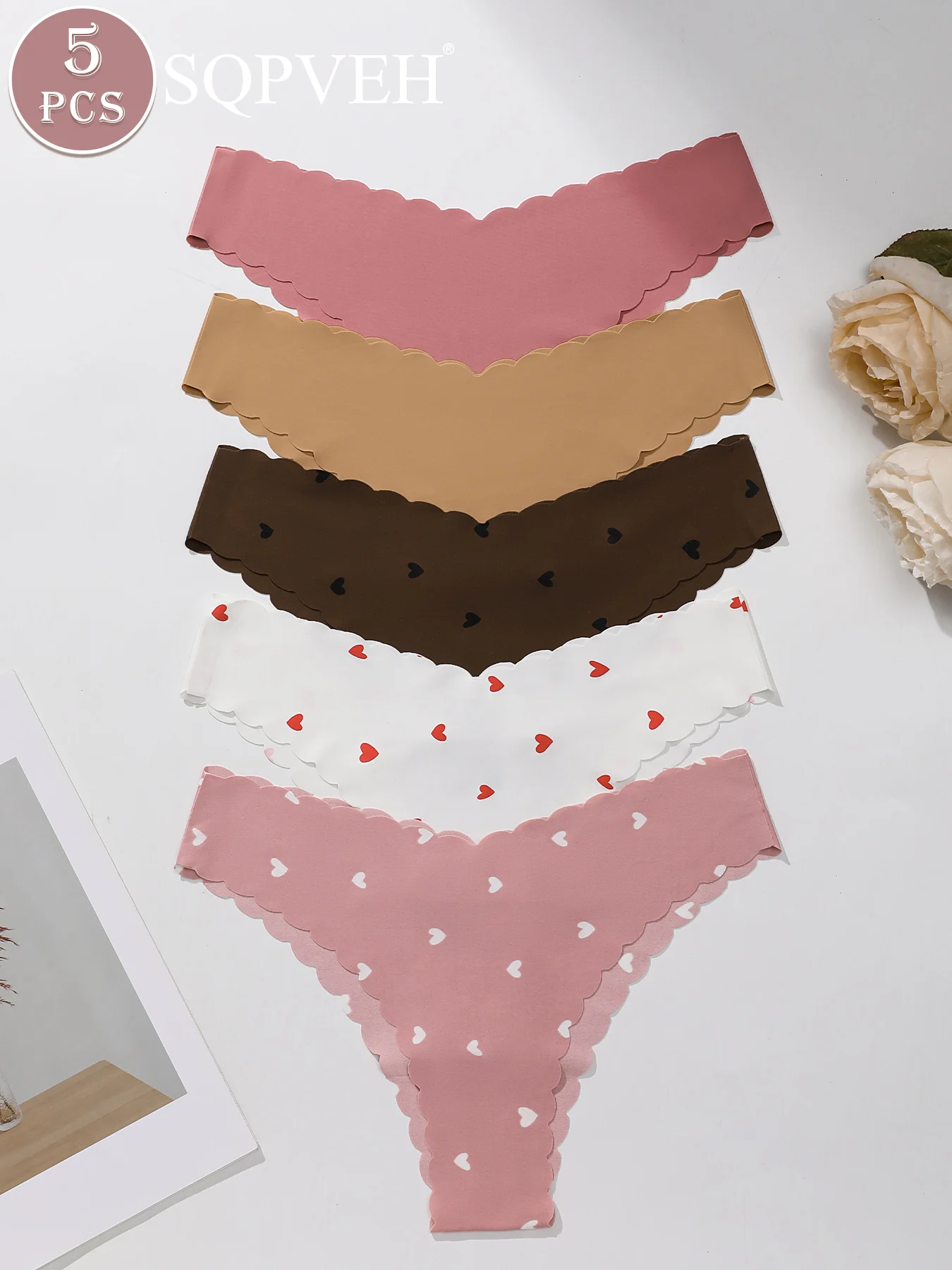 5 PCS Women Seamless Thong Panties Heart Print Wave Edge No Show Underwear Soft Stretch Ladies Briefs Intimates Daily Lingerie