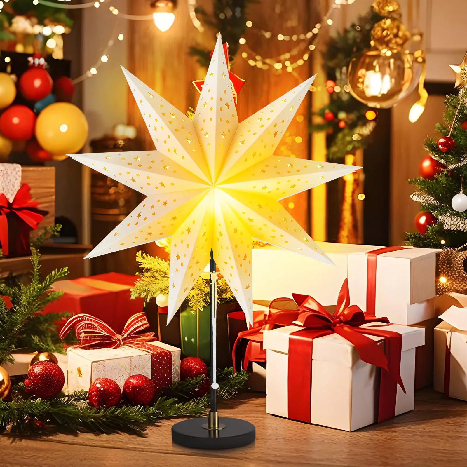 

6Pcs 35Cm Paper Lampshade Star Design Hanging Star Lantern for Holiday Xmas Decorations Nine-Pointed Foldable Light Cover