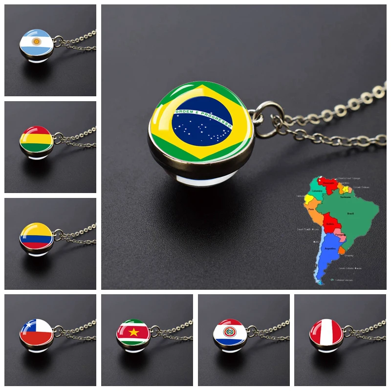 South America Country Flag Glass Ball Necklace Brazil Argentina Chile Colombia Peru Flag Pendant Necklace Patriot Gift