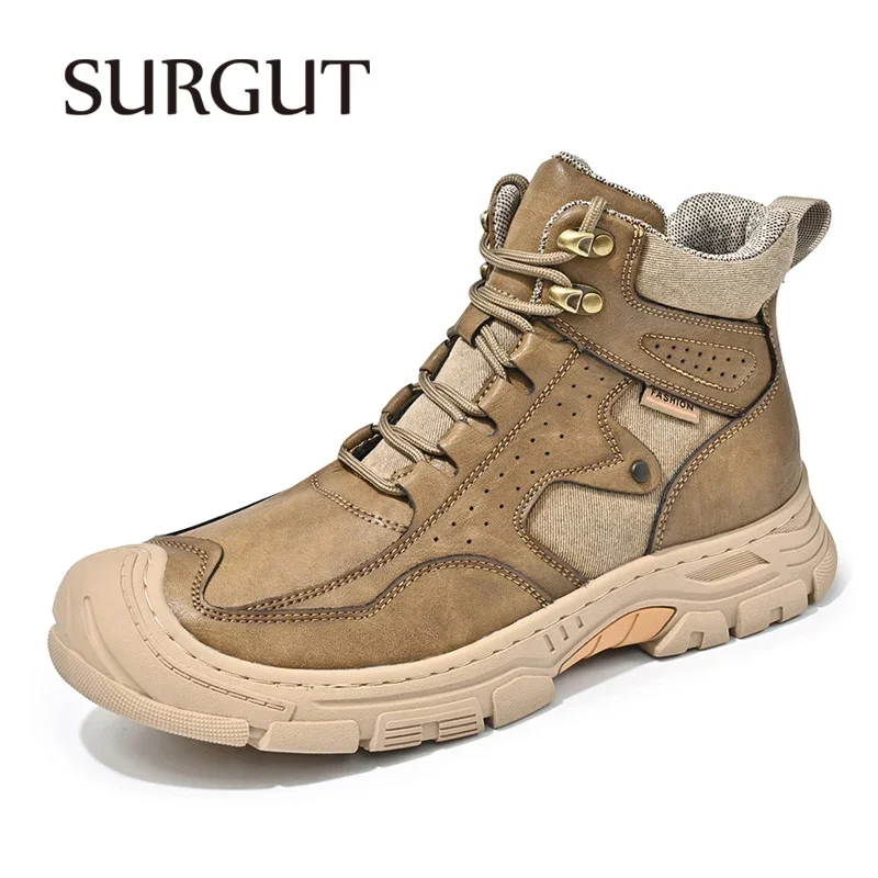 SURGUT Quality Men's Ankle Boots Fashion Brand Genuine Leather Breathable Non-Slip Anti-Collision Plush Warm Men's Snow Boots