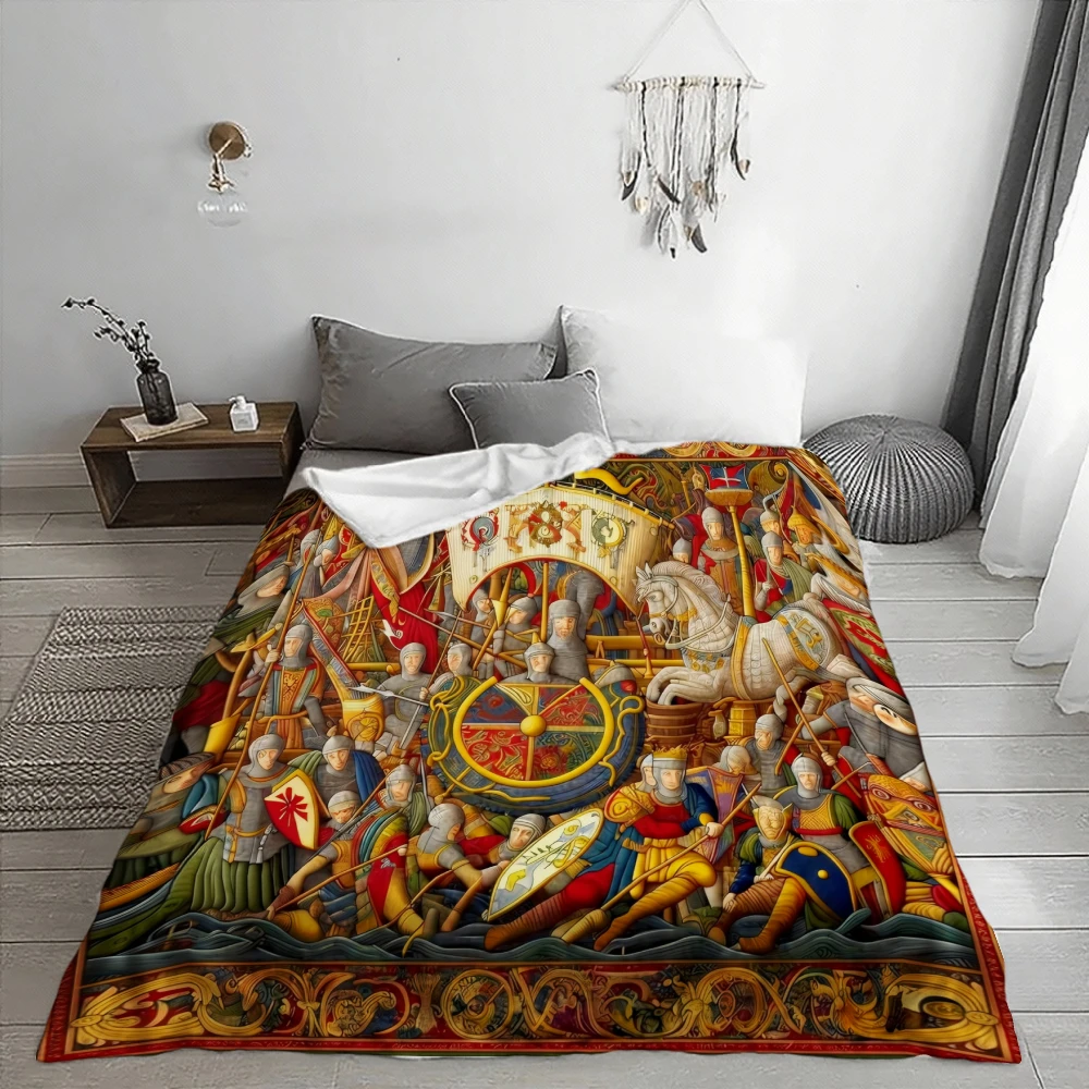 Medieval Battle Tapestry, History Enthusiast Gift, Soft Blanket, Vibrant Knights And Shields Design, Multi-Purpose Home Decor, C