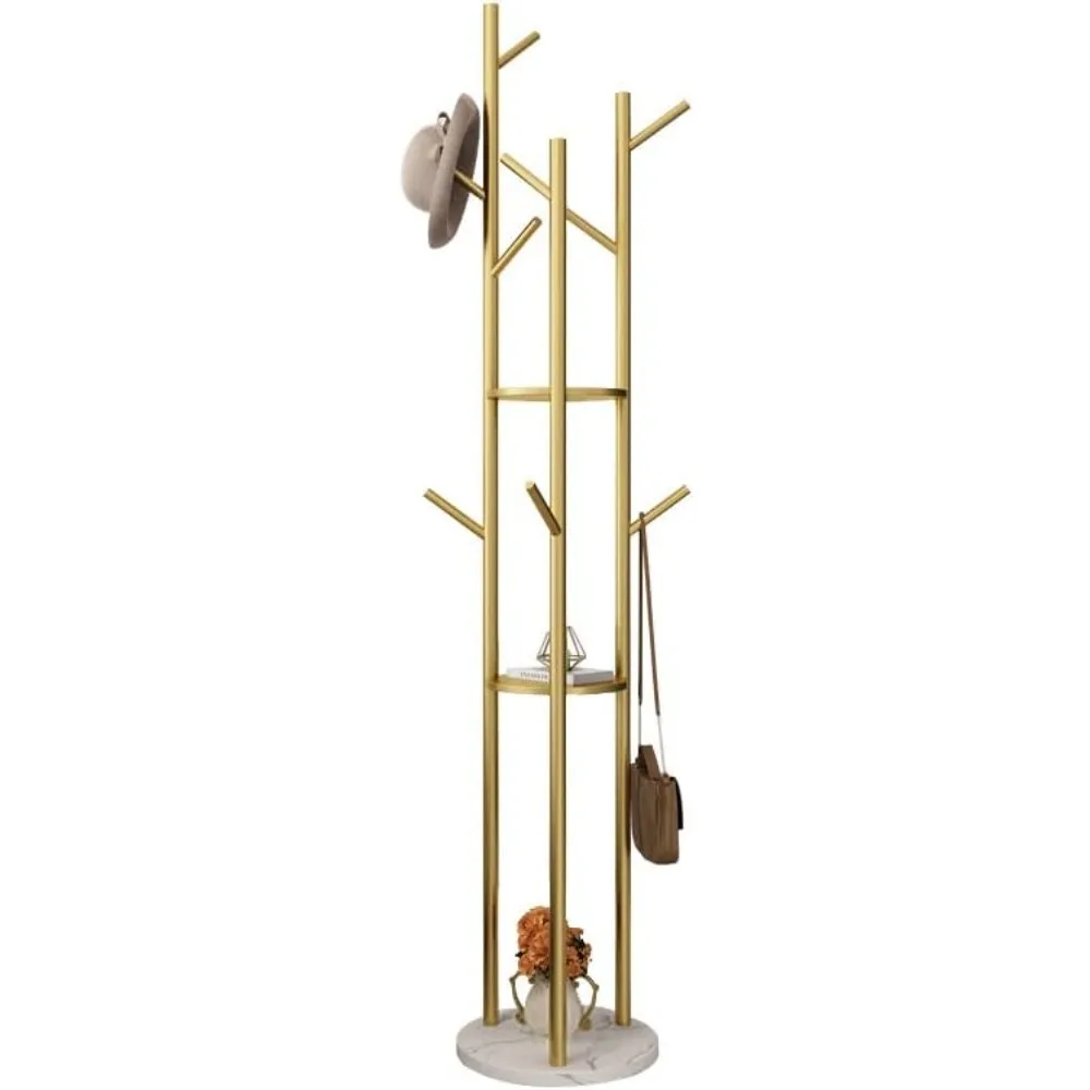 

Gold Coat Rack Stand, Metal Coat Racks Tree Hanger Freestanding with 3 Storage Shelves and 9 High-grade Hooks and Stable Marble