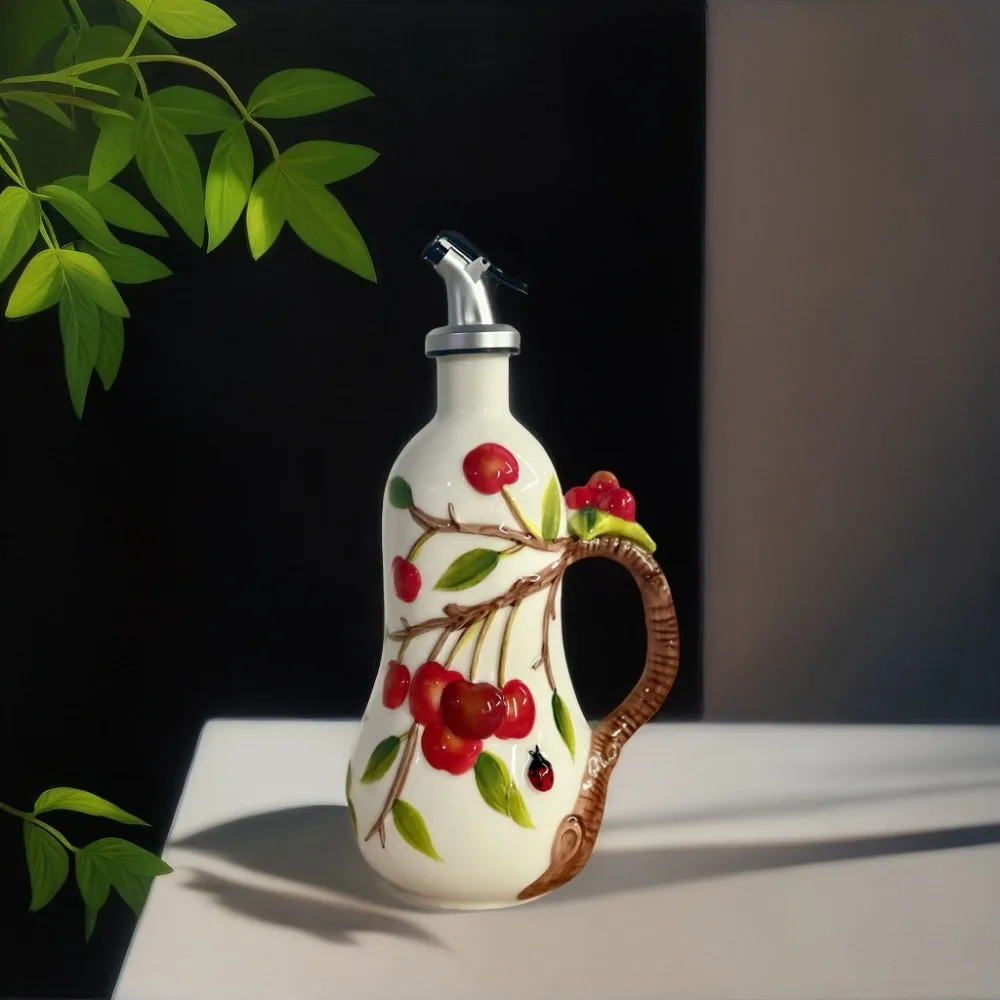 Pote de tempero de cereja em relevo, utensílios de cozinha domésticos de cerâmica de esmalte, pote de vinagre, material de garrafa de óleo pote de vinho