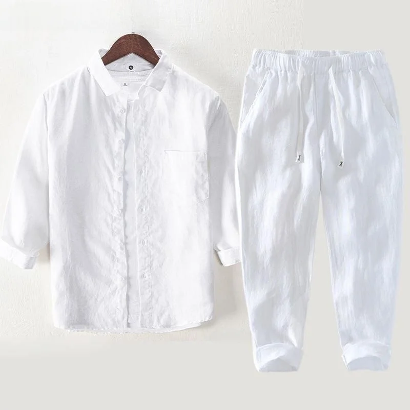 Casual Cotton Linen Men's Shirt And Pants Set Short Sleeve Spring Summer Autumn Two Piece Set Breathable Lightweight Menswear