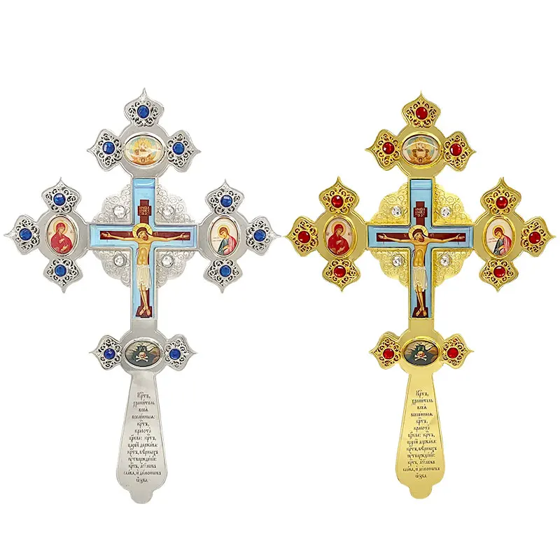 Orthodox Blessing Cross Handheld Saint Icons Gold Silver Rhinestone Religious Prayer Crucifix Church Gift Byzantine Decor