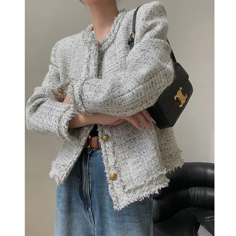 Women Vintage Elegant Luxury Design Tweed Single Breasted Jacket Autumn Winter Female Trendy O Neck Long Sleeve Loose Chic Coats