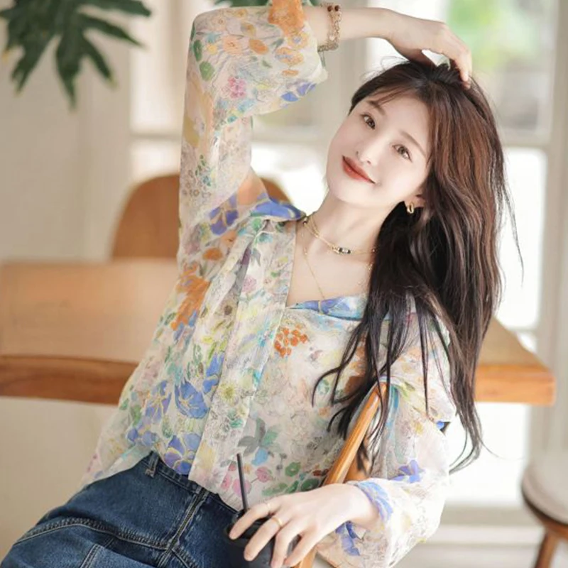 Women Korean Fashion Slim Appear Thin Printing V-neck Long Sleeve All-match Shirts Women Clothes Casual Office Lady Trend Tops