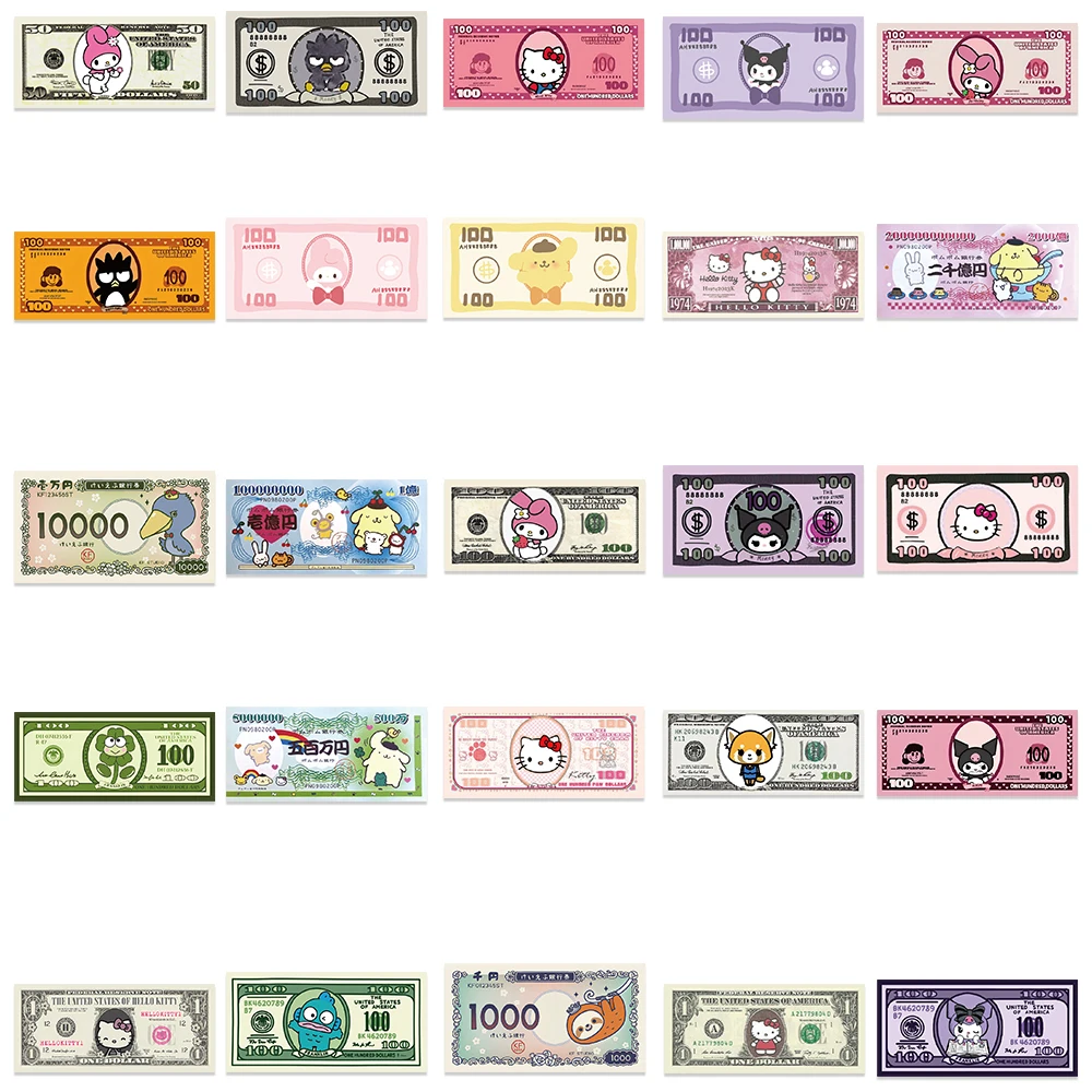 50pcs Sanrio Paper Money Kawaii Hello Kitty Kuromi Anime Stickers Aesthetic Decorative Stationery Phone Laptop Cute Kid Sticker