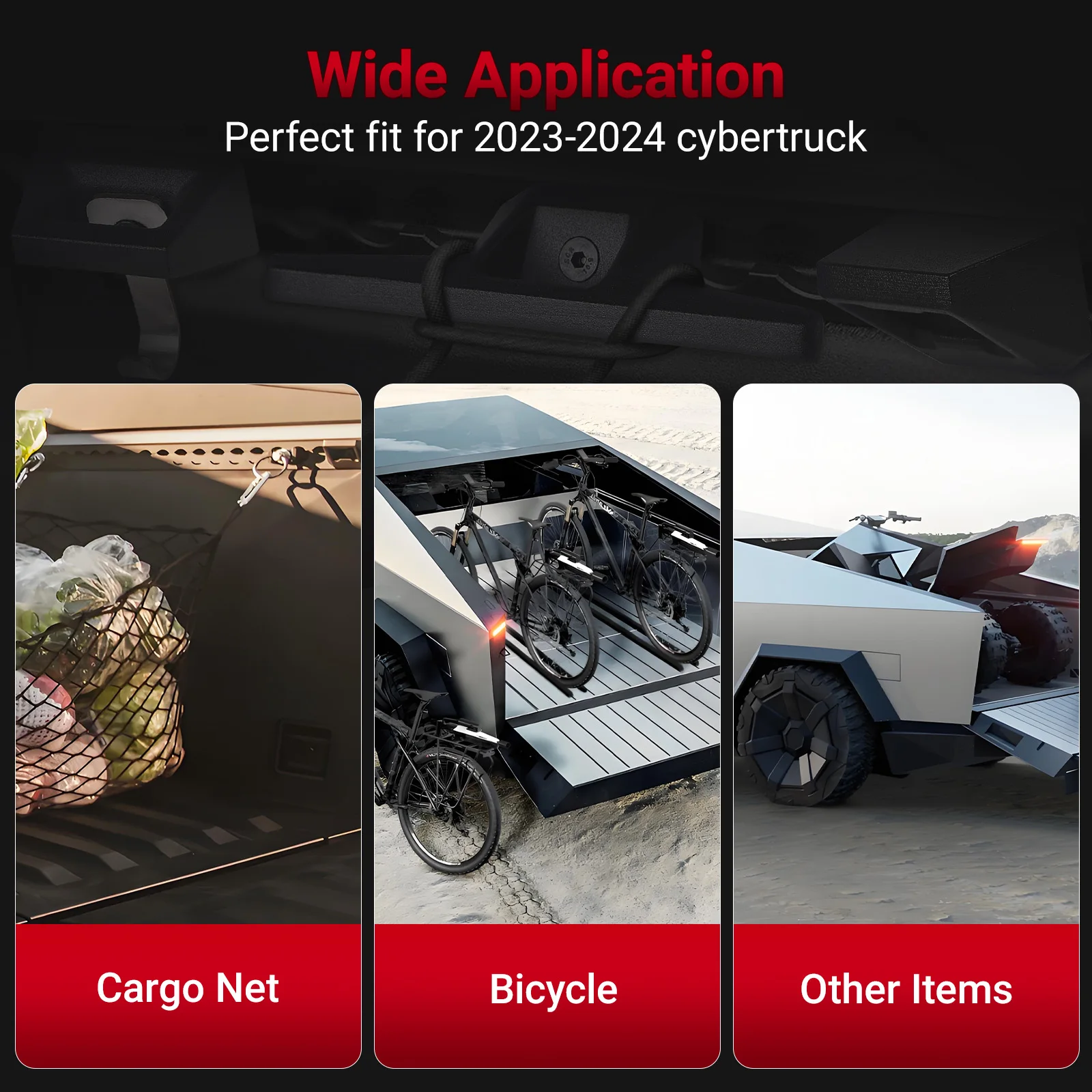 

For Tesla Cybertruck 2024 Car Equipment 4 Hooks 2 D-rings 1 Opener Black Aluminum Rear Bucket Pull Ring Track Accessories Set