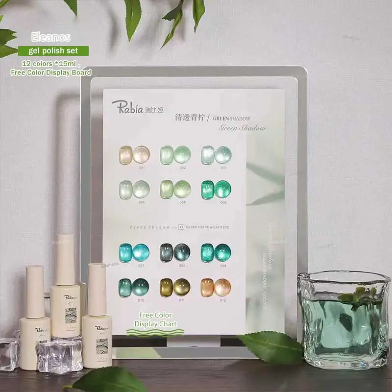 

Eleanos 12pcs Green Crystal Cat Eyes Enamel Gel Polish Set with Color Card Soak off Magnetic UV Gel Nail Varnish Kit Magnet Gel