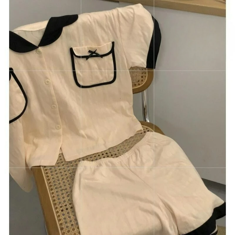 Ins Style New Korean Version of Premium Pajamas Women's Bows Simple and Sweet Dormitory Set Summer Short-sleeved Loungewear