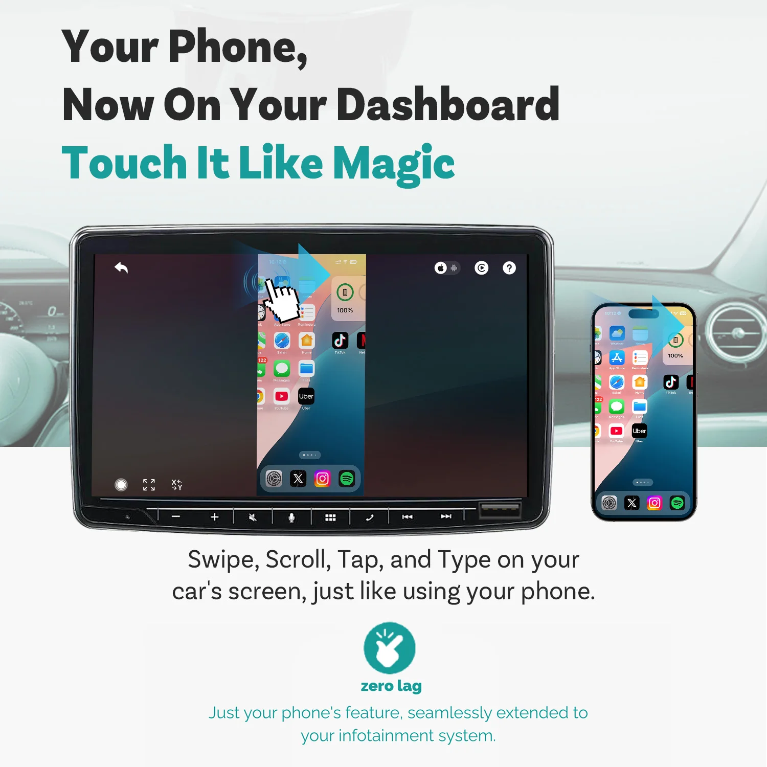 Ottocast Mirror Touch Wireless CarPlay Controllo bidirezionale Plug & Play Video Box per iOS e Android Mirroring VW Audi Benz