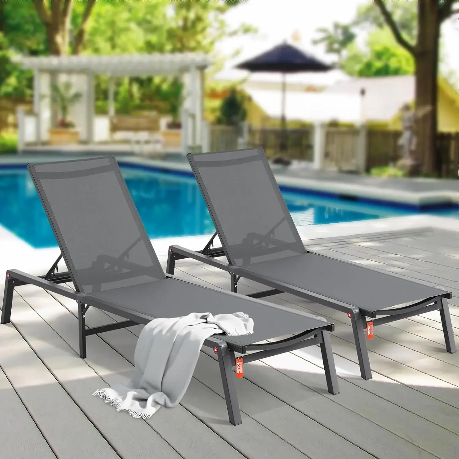 2 Pcs Chaise Lounge Chairs Outdoor, Aluminum Patio Lounge Chairs with Adjustable 5-Position, Folding Pool Lounge Chairs Recliner