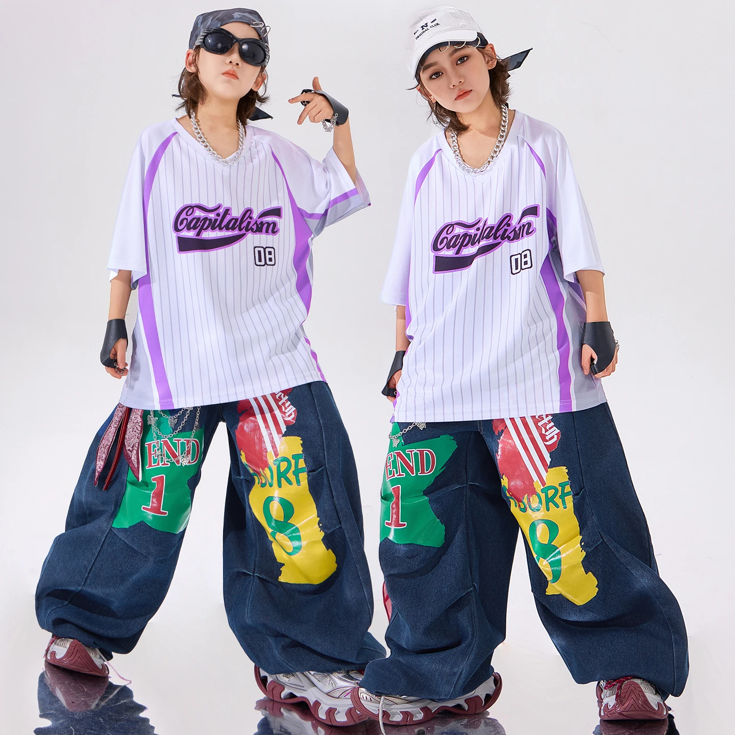 Hip Hop Outfit Tshirt Boys Graffiti Joggers Denim Pants Girls Street Dancewear K-pop Children Streetwear Kids Jazz Clothes Sets