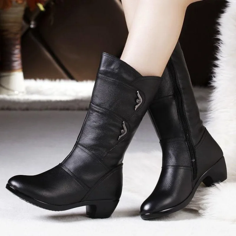 New Winter Elegant Fashion Chunky Mid-calf Boots Round Head Sexy Comfortable Side Zipper Fashion Women's Knight Boots image 2