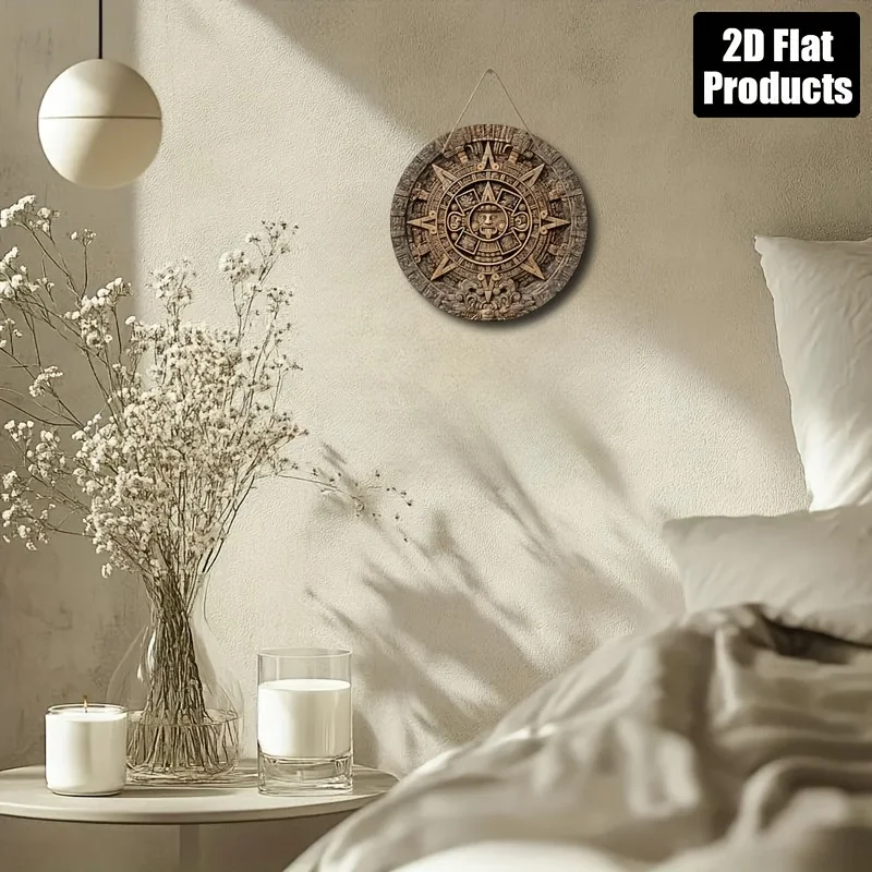 Sunstone Themed Round Aluminum Decorative Plaque, 8x8.2inch D Flat Wall Decoration, Suitable for Home, Bars, Kitchens, Cafes, Halloween, Christmas, and Other Holidays