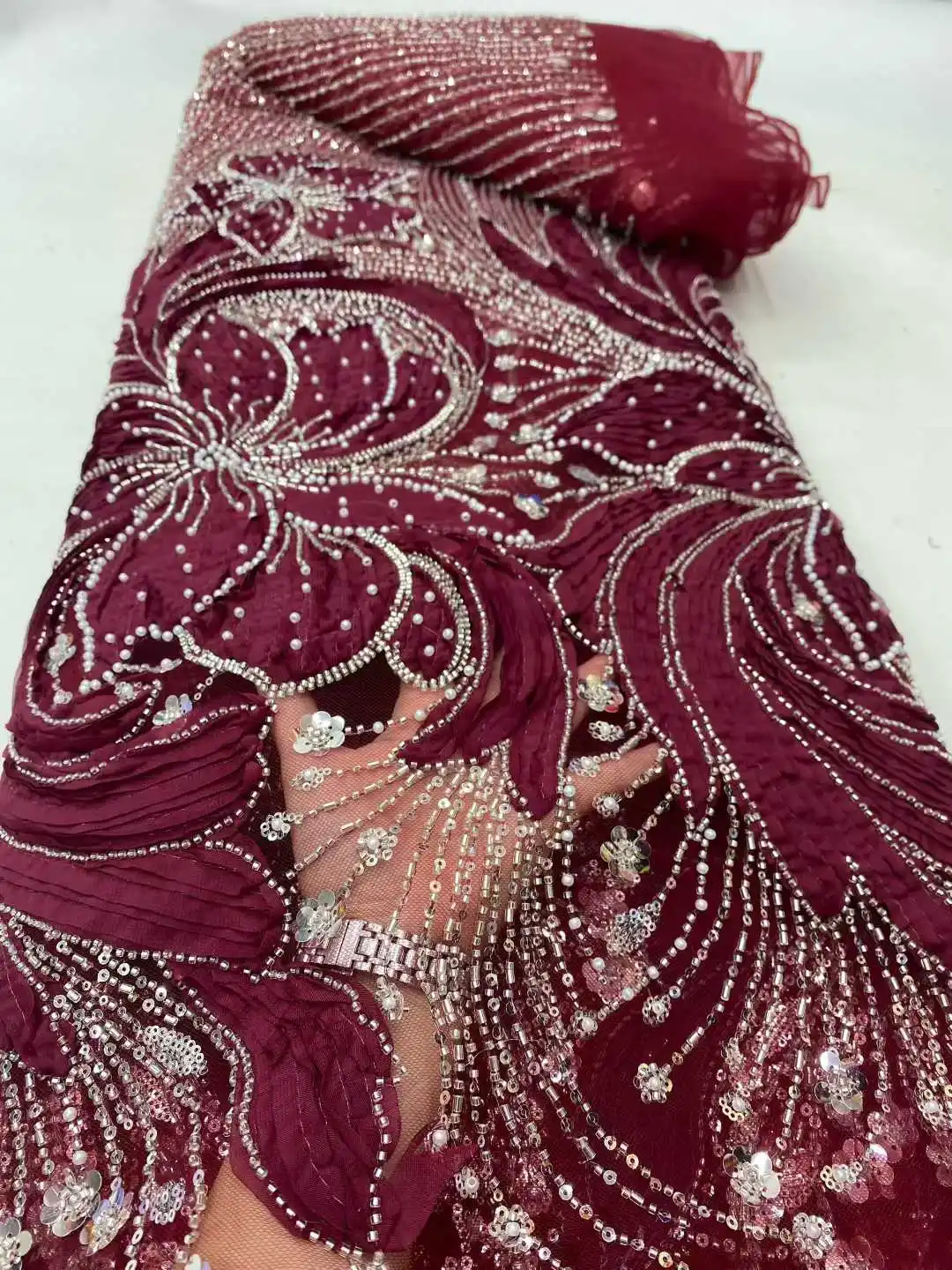 2025 última tela de encaje africano de alta calidad, telas por metros, lentejuelas, tul, vestidos de novia, bordado, malla, púrpura, 5 yardas