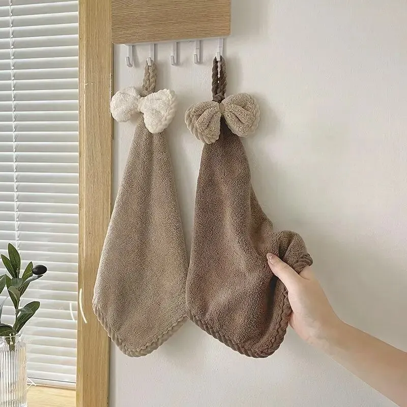 Hand Wiping Cute Bow Hanging Coral Fleece Hand Towel Bathroom Absorbent Small Towel CHILDREN\'S Home Quick Drying