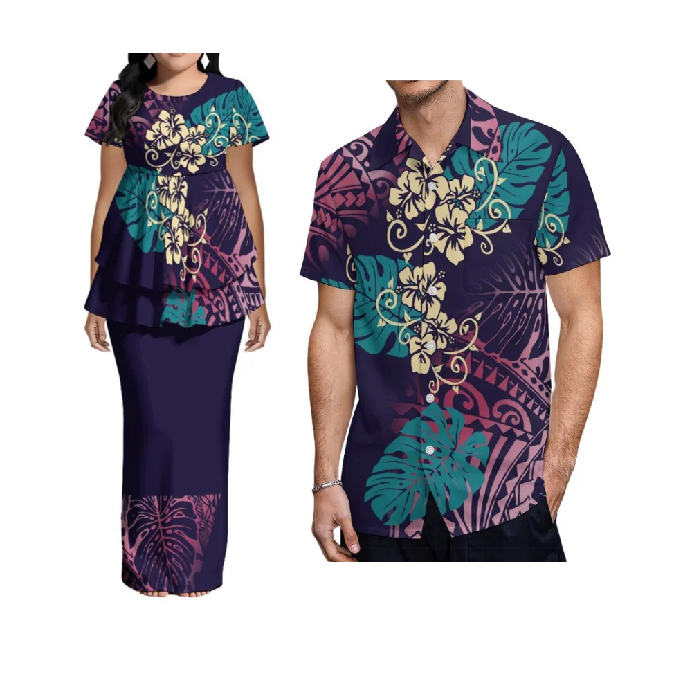 Summer High-Quality Couple'S Outfit Ladies' Puletasi Short-Sleeved Double-Layered Hemmed Skirt Polynesian Custom Clothing