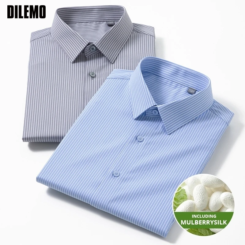 

High End Mulberry Silk Soft Anti-wrinkle New Stripped Slim Fit Brand Men Shirts Designer Long Sleeve Business Casual Tops 2025