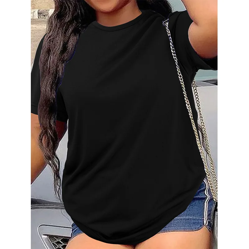 Loose Breathable ort Sve T-irt Women's Cross-Border Pure Color Pullover plus Size Trendy Clothing round Ne Polyester