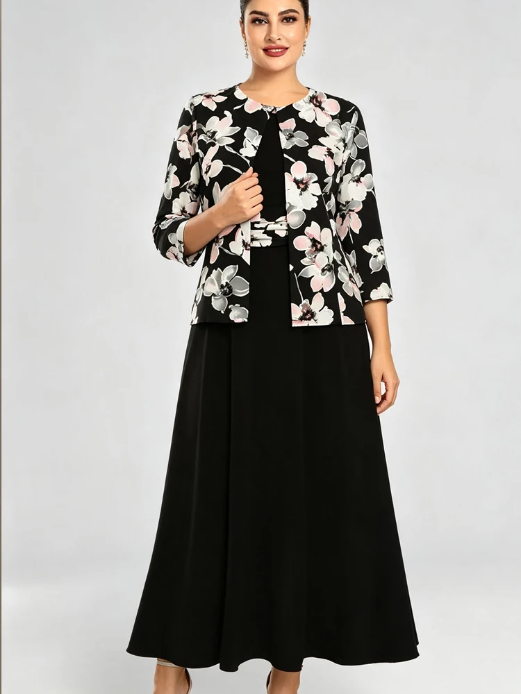Women Plus Size 2 Piece Outfit Floral Print 3/4 Sleeve Open Front Jacket Solid Black Top Maxi Dress Fashion Casual Elegant Dress