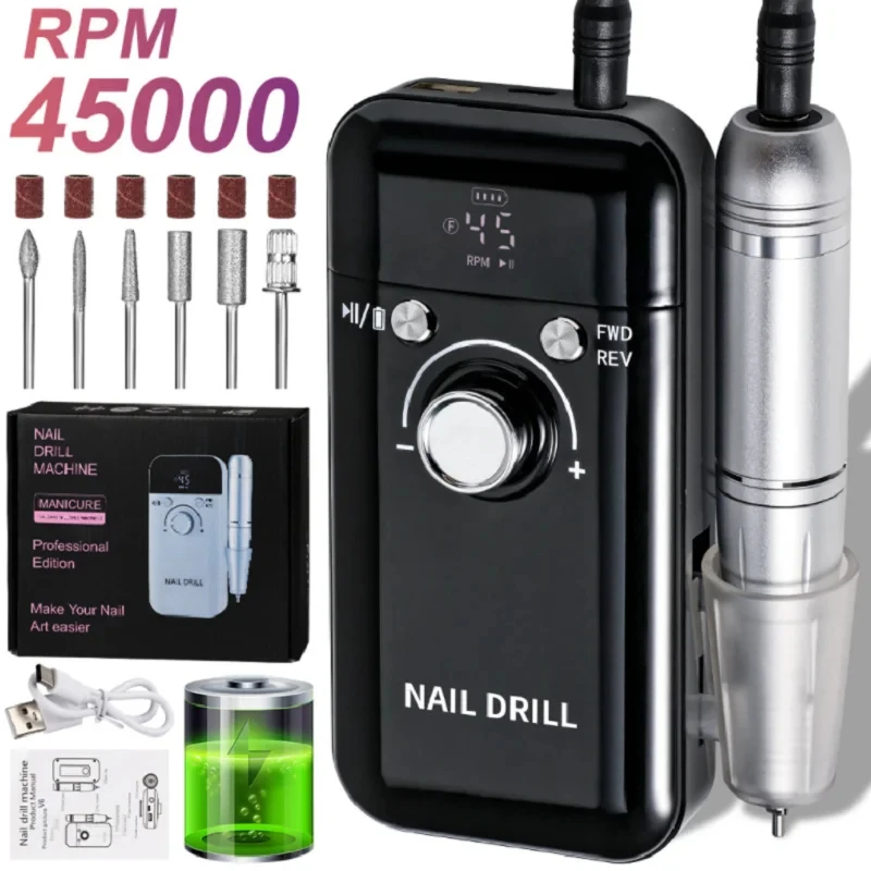 Perceuse à ongles Rechargeable 45000 tr/min, outil professionnel de manucure et de pédicure pour vernis Gel, ponceuse électrique à faible bruit pour lime à ongles