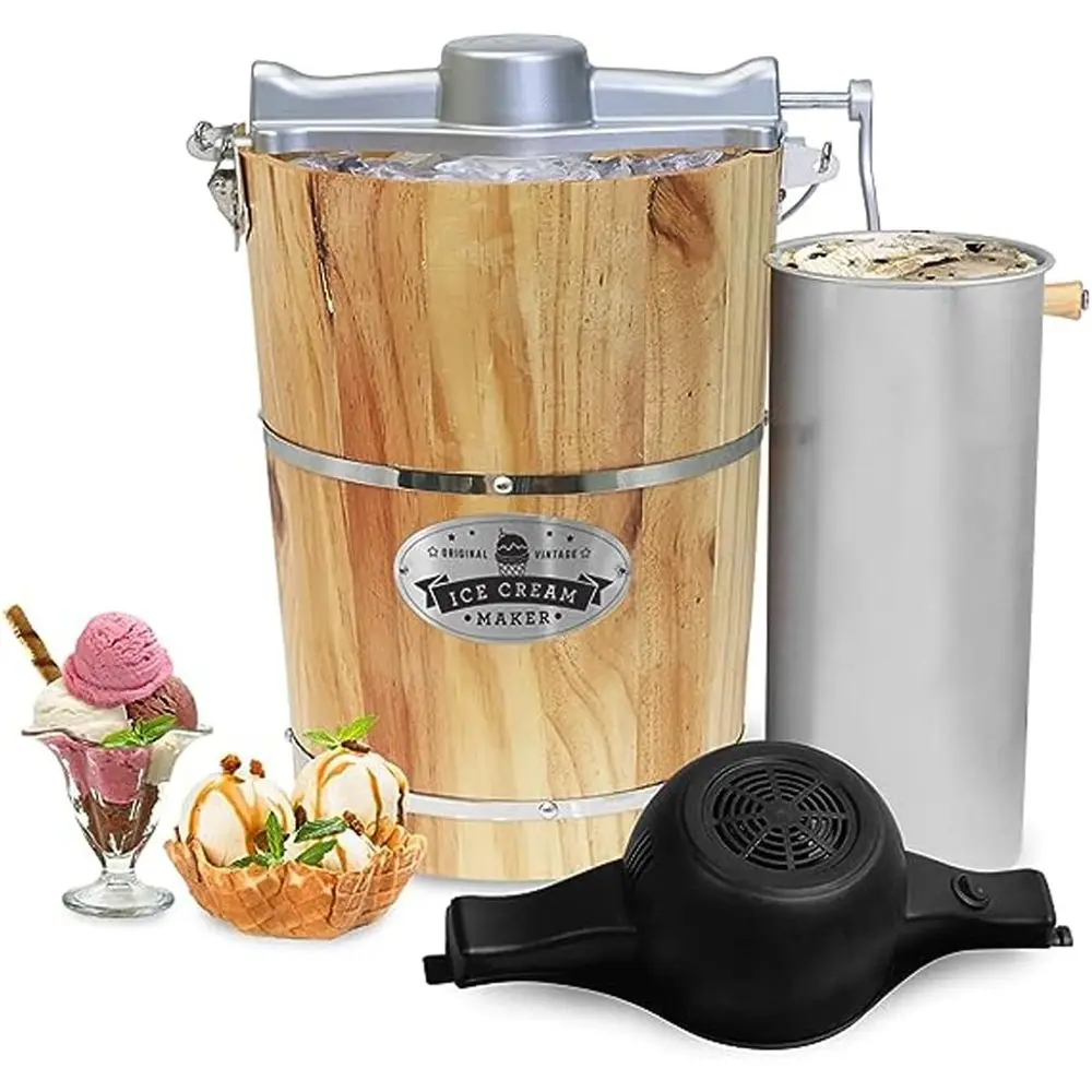 

Old ashioned 6 Quart Vintage Appalachian Wood Bucket Electric Ice Cream Maker hine, *Bonus Classic Die-Cast Hand Crank or Churni