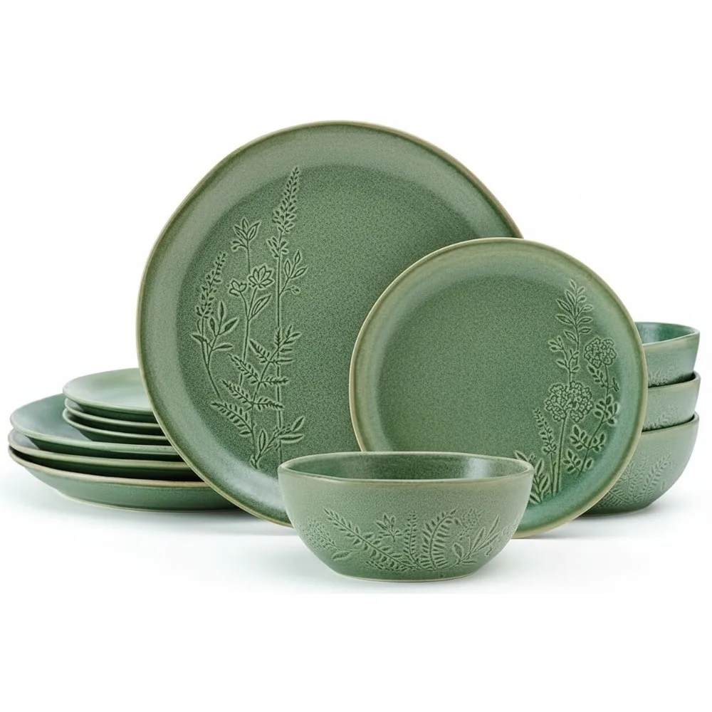 

Elegant Green Floral Dinnerware Set for 4, 12-Piece Stoneware Plates & Bowls, Dishwasher & Microwave Safe