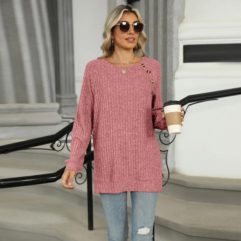 Round Neck Long Sleeve Top Stylish Women's Casual Long Sleeve T-shirt with Button Detail Side Slits Ribbed Solid for Everyday