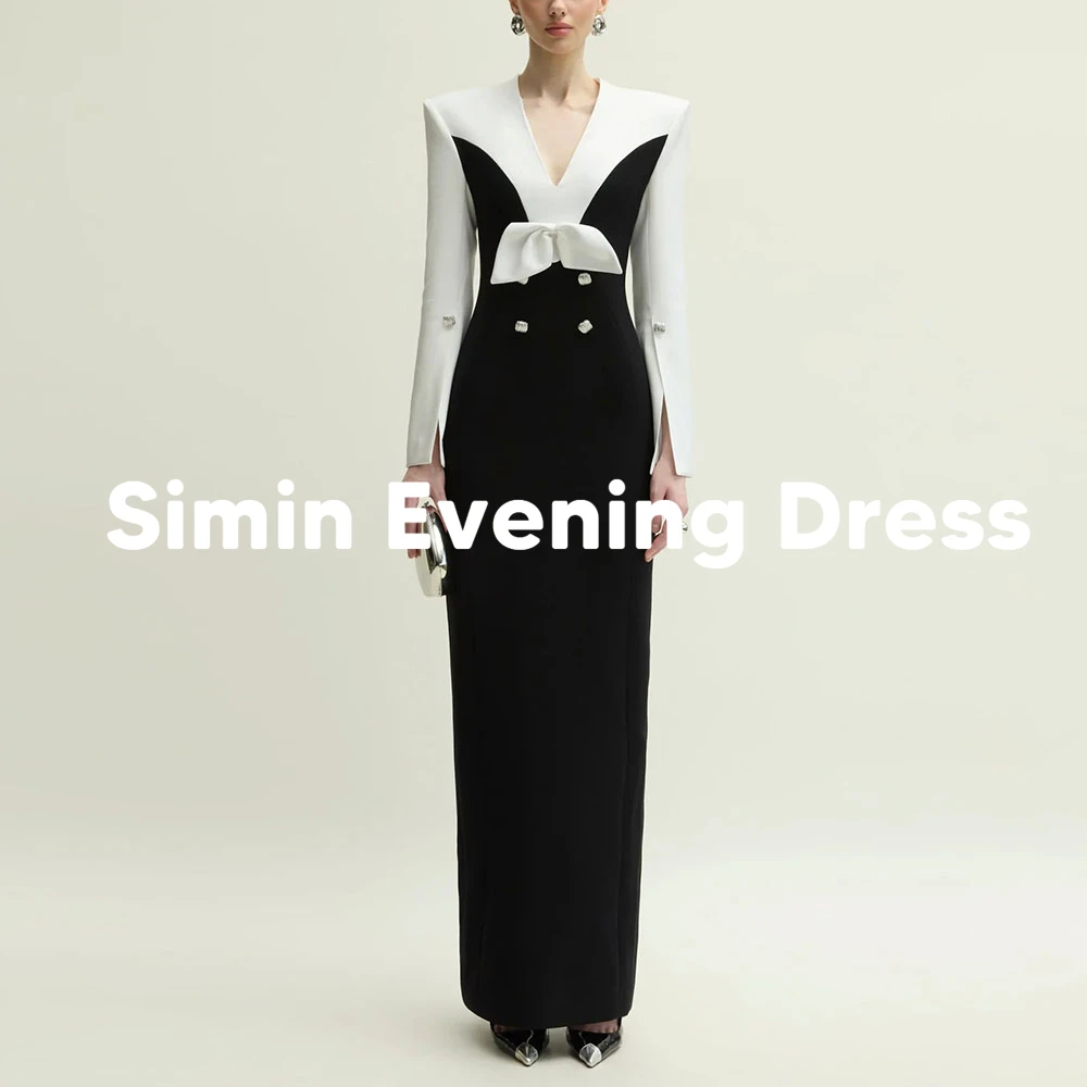 

Simin Women's V-neck Bow Straight Button Saudi Evening Dresses With Long Sleeves Ankle-Length Formal Elegant Party Dresses 2025