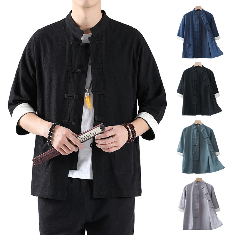 

Mens Traditional Chinese Tang Suit Tops Half Sleeve Kung Fu Tai Chi Uniform Spring Autumn Shirts Chinese Cardigan Coat