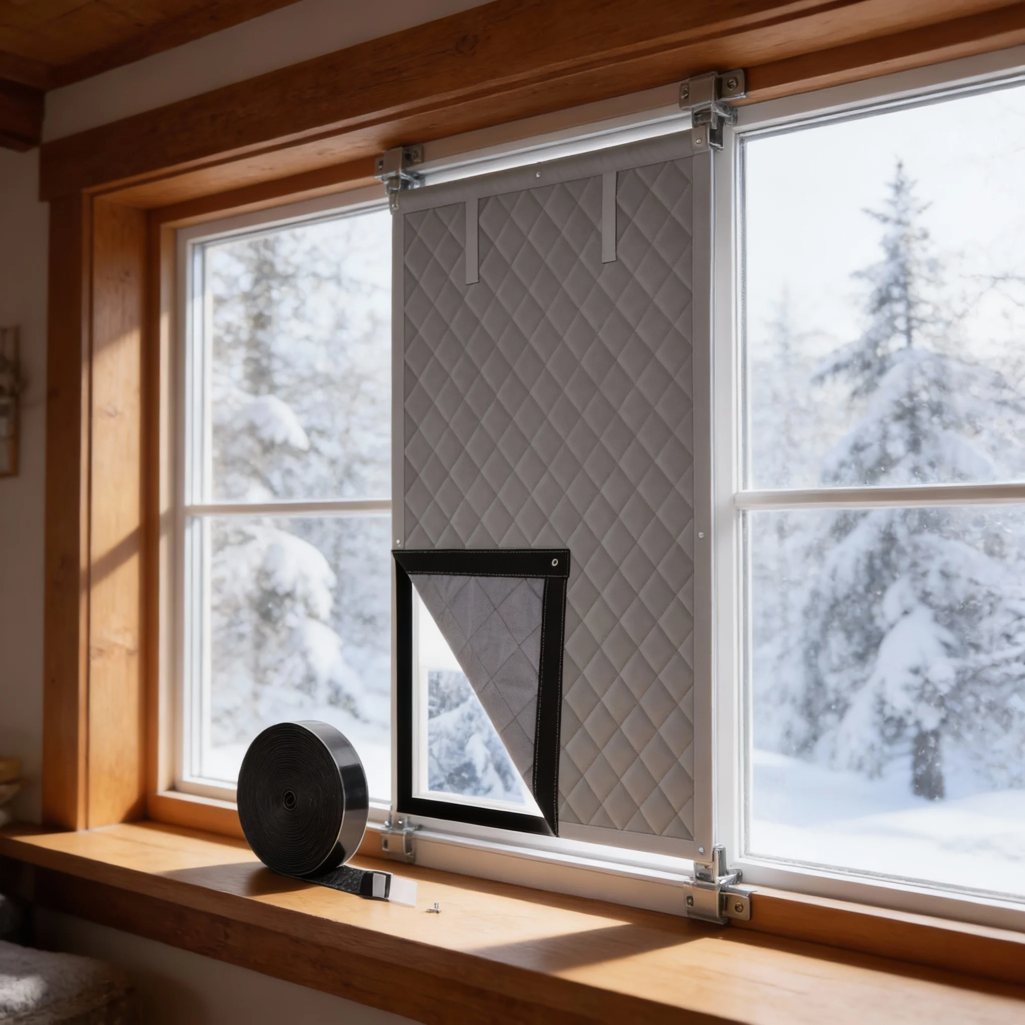 1set Door Curtain Triple Insulation Layer Roller Blind With Buckle Straps Windproof Cold Proof Cotton Door Window Curtains Parts