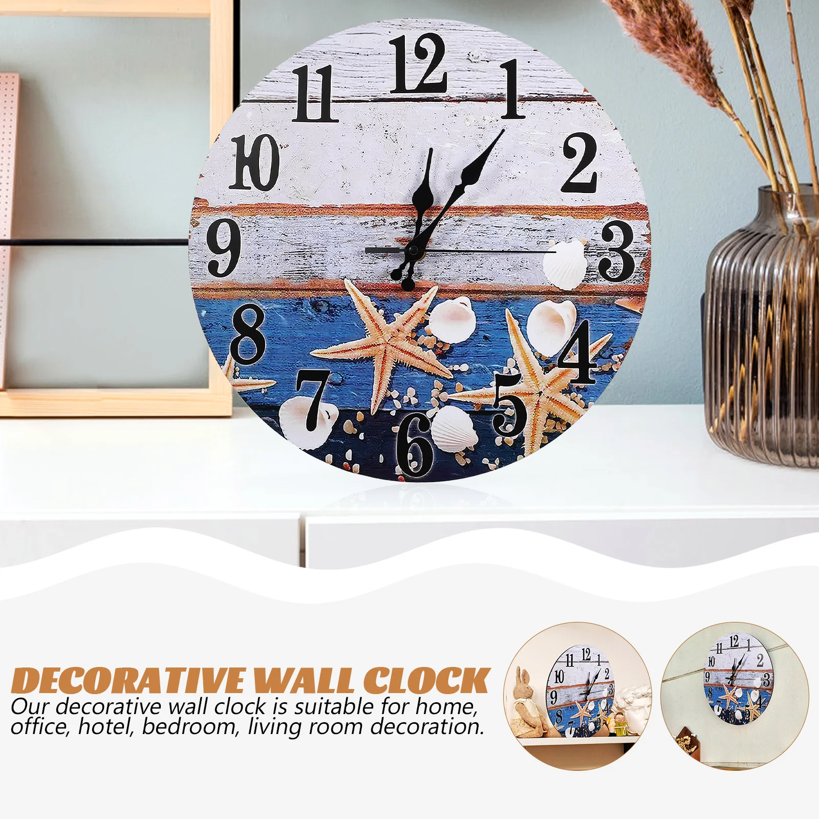 

1pc Seashell Pattern Wooden Wall Clock Silent Beach Theme Decorative Home Office Mute Hanging No Chic Stylish Household