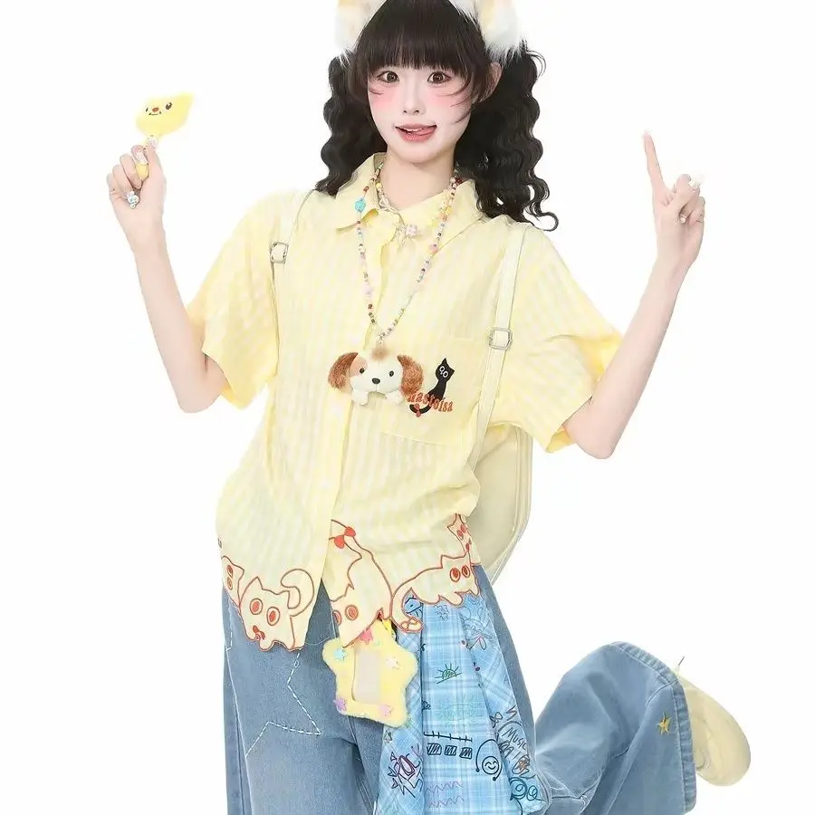 Chic Funny Cute Cat Embroidery Pink Striped Button Down Shirt - Short Sleeve Casual Summer Top Daily Sweet Preppy Style Japanese view 5